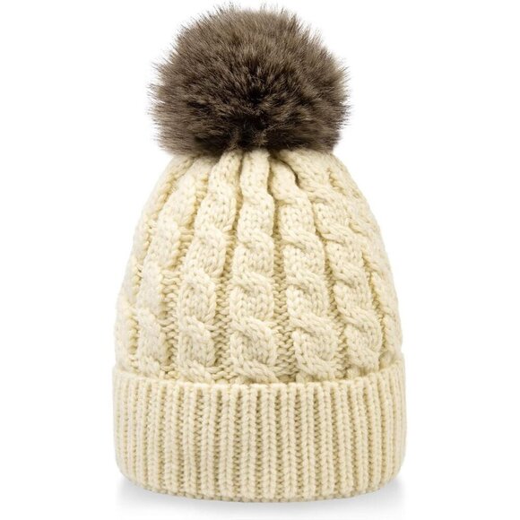 ? Simplicity Faux Fur Women Cream Winter Beanies Hand Knit Pompoms Warm Hats